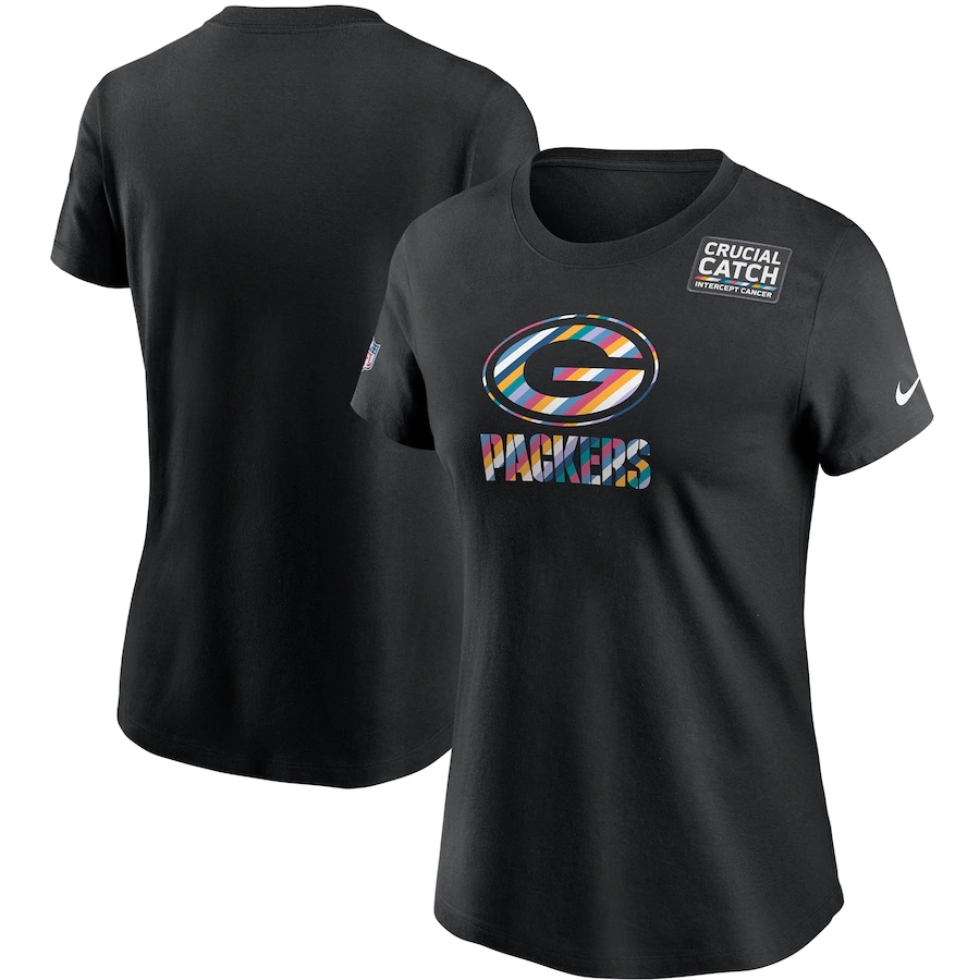 Women's Green Bay Packers 2020 Black Sideline Crucial Catch Performance T-Shirt(Run Small)